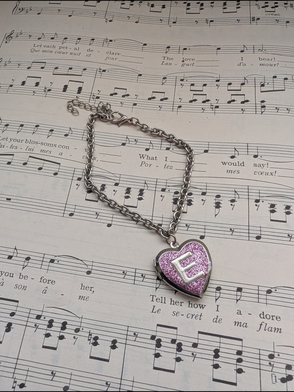 Pink Glitter Heart 'E' Locket Bracelet